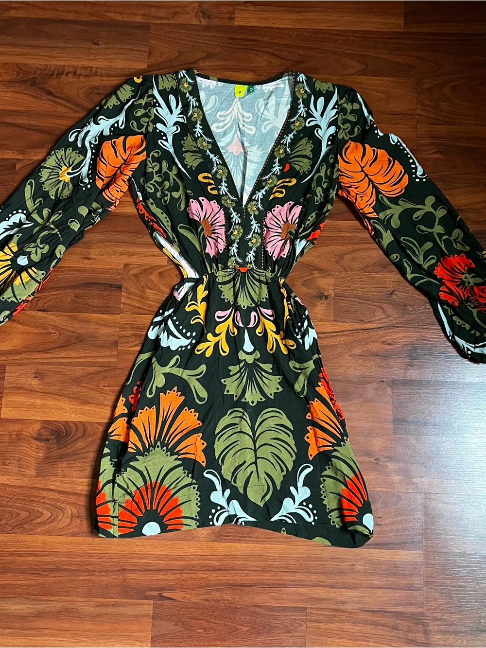 FARM Rio Black Mini Dress with Orange, Green & Pink Floral Print